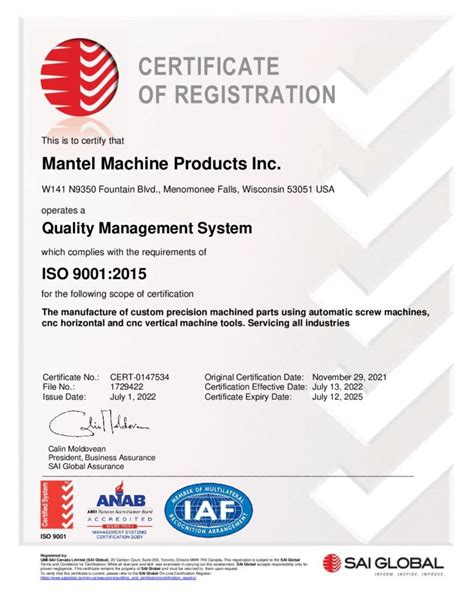 Quality Control ISO 9001 2015 Certification Mantel Machine