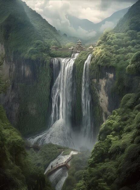 Una Cascada En El Bosque Con Una Cascada Al Fondo Foto Premium