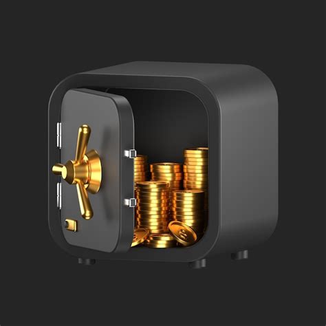 Ícone 3d de um cofre preto aberto pilhas de moedas de ouro dentro