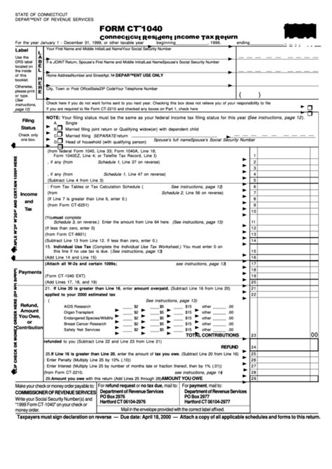 Form Ct 1040 Connecticut Resident Income Tax Return 1999 Printable Pdf Download