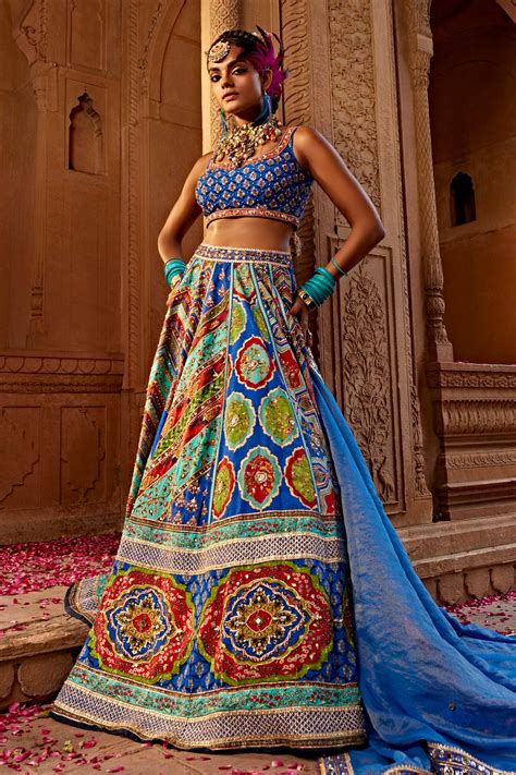 Buy Blue Blouse And Lehenga Raw Silk Print Floral Jaal Scoop Aadhya Bridal Set For Women By