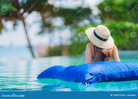 Portrait Beautiful Young Asian Woman Happy Smile Relax In Swimming Pool