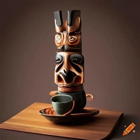 Detailed Totem Pole With Coffee Cup Base Coffee Beans And Intricate