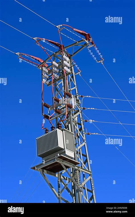 High Voltage Pylon With Transformer Allgaeu Bavaria Germany Stock