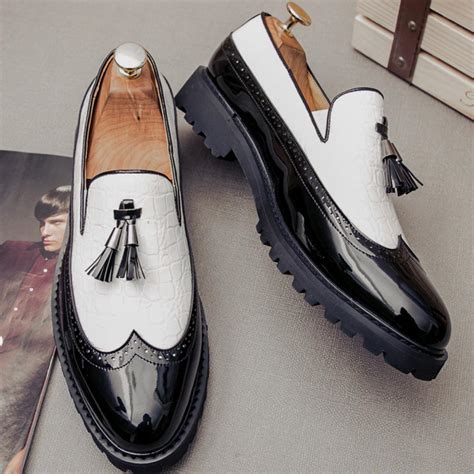 White Black Tassels Cleated Sole Mens Loafers Flats Dress