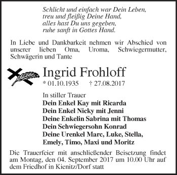 Traueranzeigen Von Ingrid Frohloff M Rkische Onlinezeitung Trauerportal