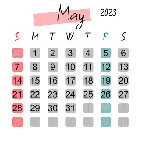 Gambar Kalendar Mei 2023 Dengan Pelbagai Warna Takwim 2023 Mungkin Comel Png Dan Vektor Untuk