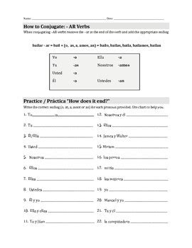 Conjugating Ar Verbs In Spanish Worksheet