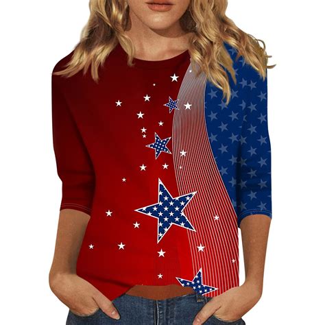 Tqwqt 4th Of July 34 Sleeve T Shirts For Women Usa Flag Three Quarter Sleeve T Shirt Loose