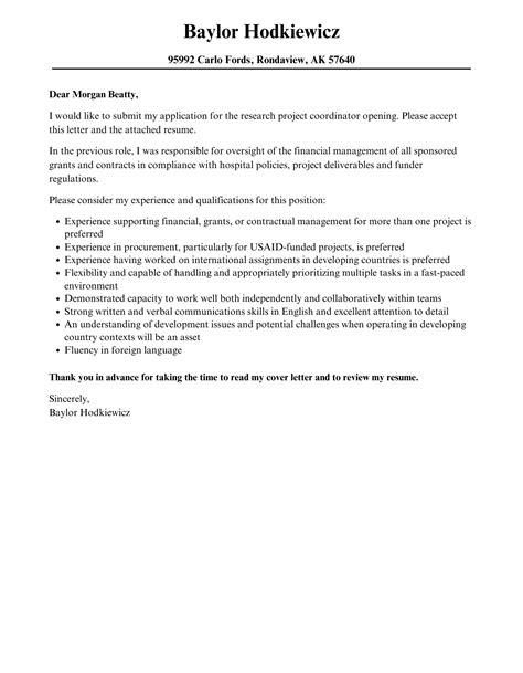 Research Project Coordinator Cover Letter Velvet Jobs