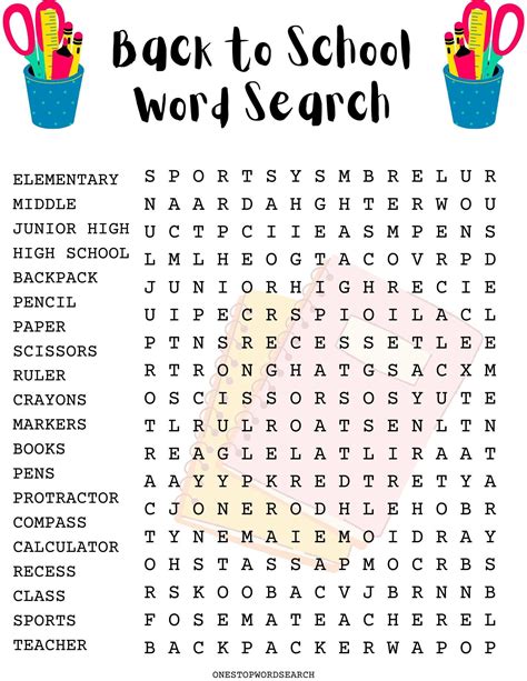 Free Back To School Word Search