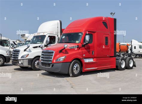 Indianapolis - August 1, 2023: Freightliner Semi Tractor Trailer Trucks ...