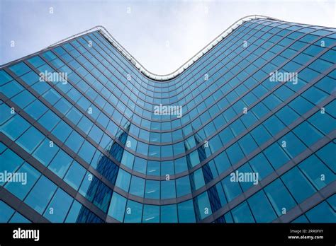 An upward look towards steel and glass facade of "Filadelfie" high-rise office and commercial ...