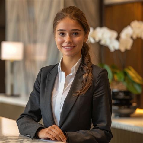 Receptionist Woman At Modern Hotel Lobby Desk Premium Ai Generated Image