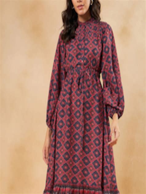 Buy Femella Ethnic Motifs Printed Puff Sleeves Gathered Fit And Flare Midi Dress Dresses For