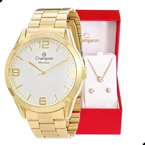 Rel Gio Champion Feminino Dourado Kit Colar Brincos Original