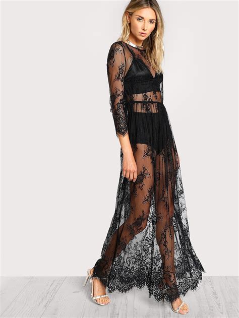 Buttoned Split Back Sheer Floral Lace Dress SheIn Sheinside