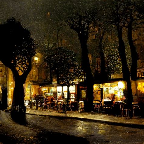 Cafe In Paris At Midnight Some Trees Standing Besides Midjourney