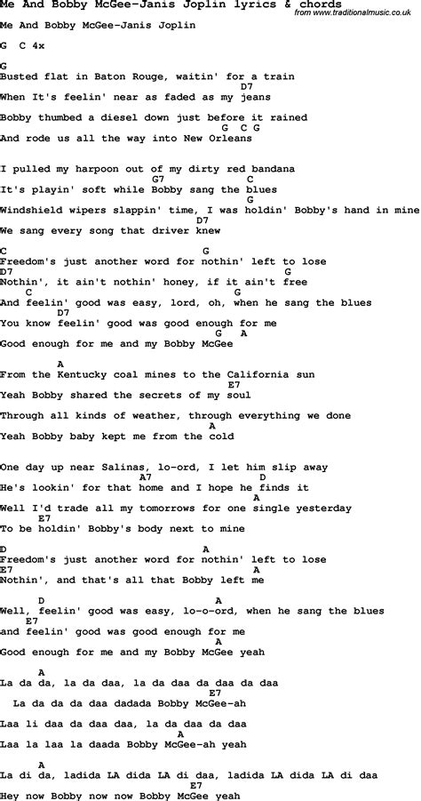 Love Song Lyrics For Me And Bobby Mcgee Janis Joplin With Chords Artofit