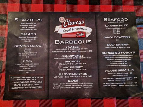 Menu at Clancy's Cafe, Red Banks, 4078 MS-178