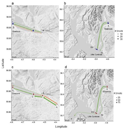 Maps representing the number of River Endrick combined (a,b) and River ...