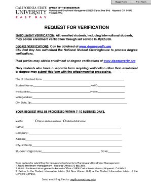 Fillable Online Www20 Csueastbay Request For Verification Fax Email