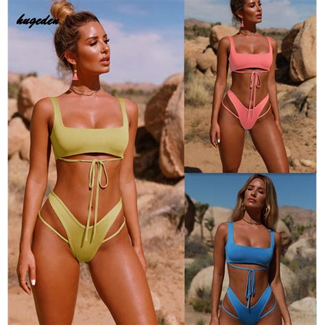 Hugeden Sexy Bikini Set mujeres Halter sólido traje de baño Push Up