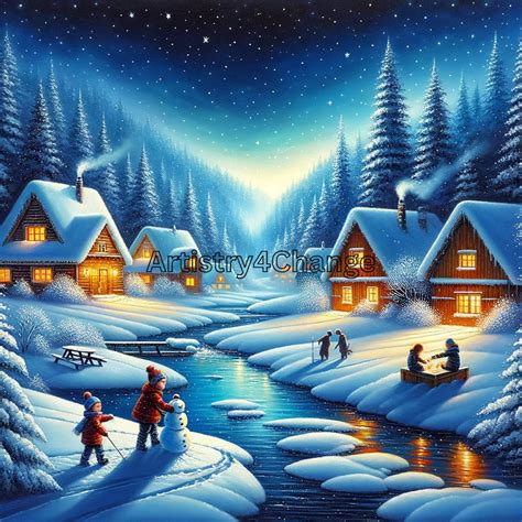 Winter Village Art, Serene Snowscape, Cozy Cottage Decor, Playful ...