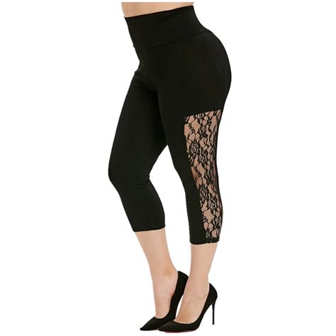 Plus Size Women High Waist Lace Insert Capri Leggings Fashion Skinny