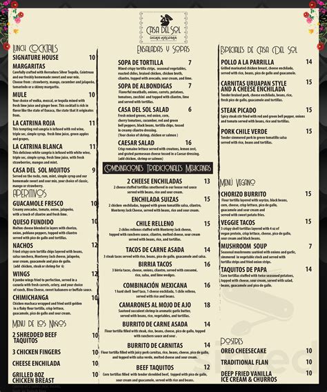 Casa Del Sol Cocina Mexicana Menu In Tustin California USA