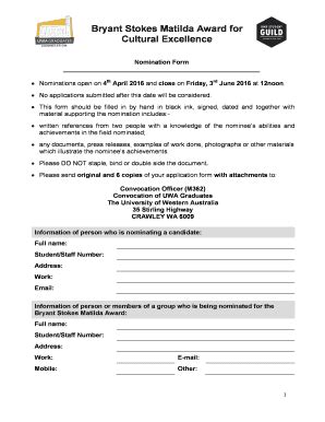 Fillable Online Convocation Uwa Edu Matilda Nomination Form B2016b PDF