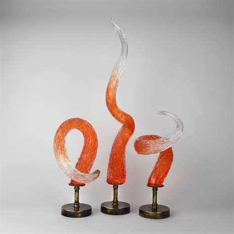 Orange Twisted Textured Glass Spikes on Antique Brass Stands (T6422
