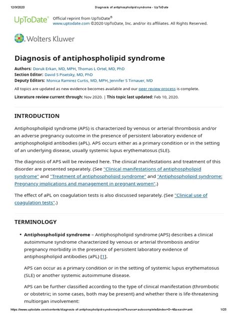 Diagnosis Of Antiphospholipid Syndromes Pdf Thrombosis Diseases