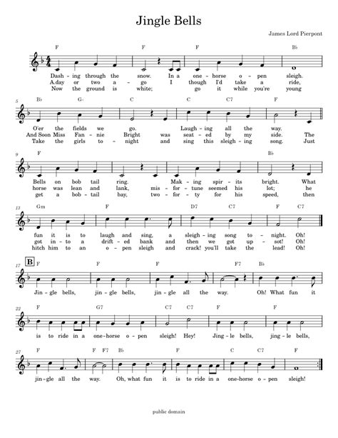 Jingle Bells James Pierpont Lead Sheet Melody Chords And Lyrics Sheet Music For Piano