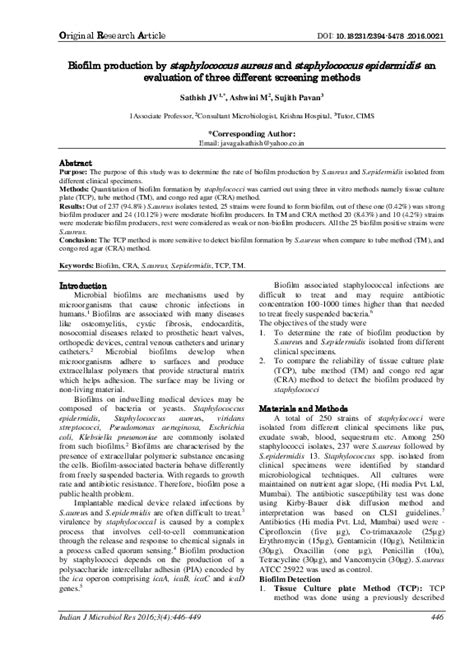 (PDF) Biofilm production by staphylococcus aureus and staphylococcus ...