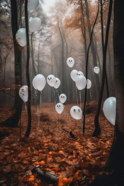 Un Grupo De Globos Blancos Flotando En El Aire En Un Bosque Imagen