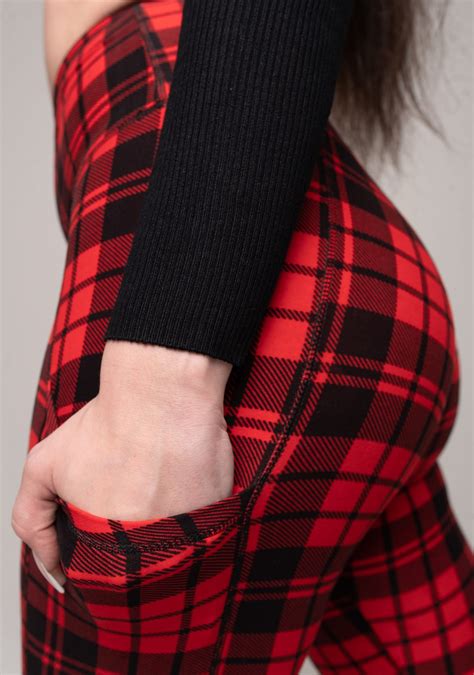 Red Plaid Leggings With Pockets For Women 5 High Waist Yoga Pants Buttery Soft Tummy Control