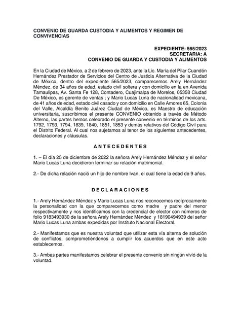 Convenio DE Guarda Custodia Y Alimentos Y Regimen DE Concivencias