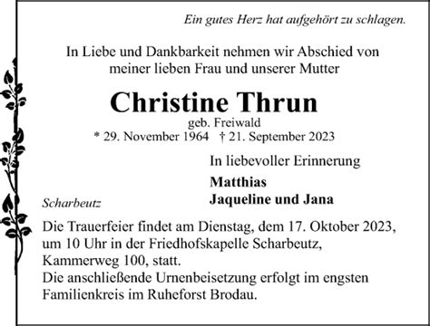 Traueranzeigen Von Christine Thrun Trauer Anzeigen De