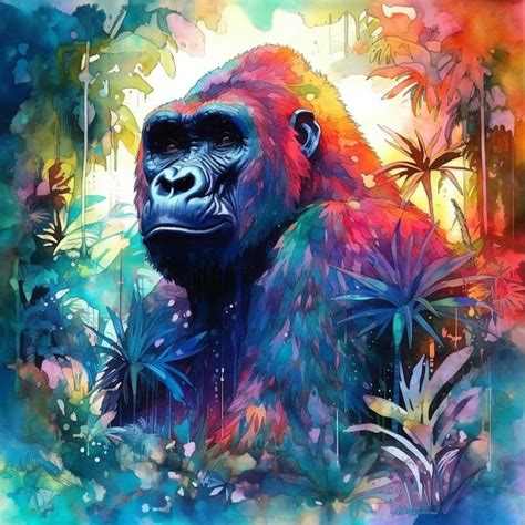 Premium AI Image | A painting of a gorilla with a colorful background.