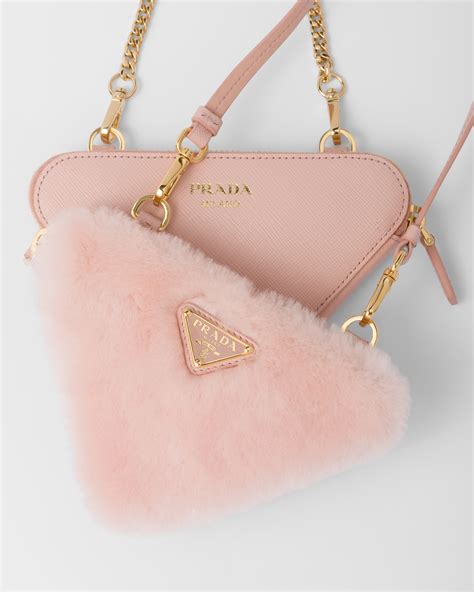 Orchid Pink Triangular Shearling And Saffiano Leather Mini Pouch Prada