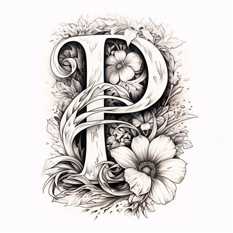 Tattoo Art, Sketch of Alphabet with Flowers and Leaves. Letter P Stock ...