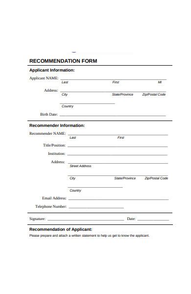 Free 50 Recommendation Forms In Pdf Ms Word