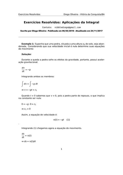 Exercícios Resolvidos Aplicação da integral PDF