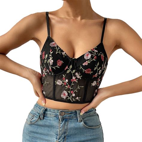 Yuhaotin Trendy Crop Tops For Women 2024 Fashion Floral Embroidery Corset Tops Thin Straps