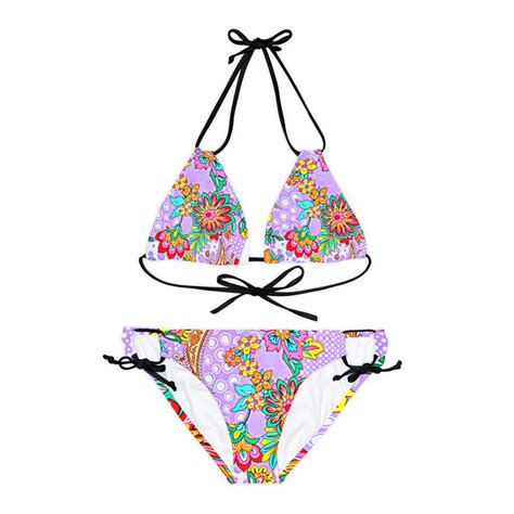 Strappy Bikini Set Retro Flowers Summer Fashion Minimalist Etsy