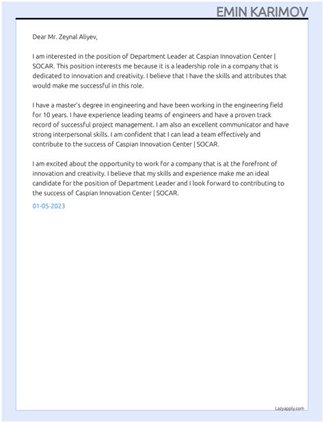 Cover Letter For Department Leader Lazyapply