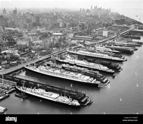 1950s Eight Passenger Ships All Luxury Ocean Liners Docked On Hudson