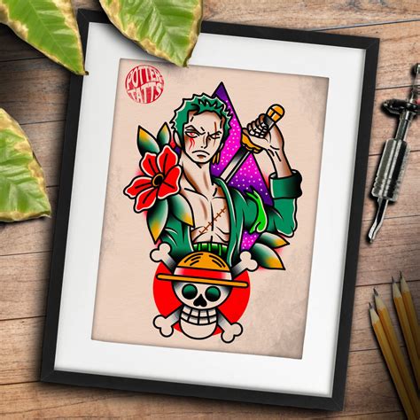 Roronoa Zoro One Piece Traditional Tattoo Flash Art Print - Etsy