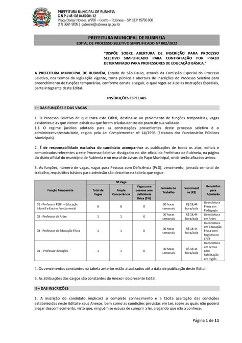 Edital De Processo Seletivo Simplificado Nº 0022022 Prefeitura